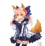  alternate_costume animal_ears asagiri_asagi asagiri_asagi_(cosplay) belt blue_ribbon brown_eyes coat commentary_request cosplay crestquest disgaea fang fate_(series) fox_ears fox_tail fur-trimmed_hood fur-trimmed_sleeves fur_coat fur_trim hair_between_eyes hair_ribbon highres long_sleeves looking_at_viewer nippon_ichi open_mouth pink_hair ribbon signature simple_background solo tail tamamo_(fate)_(all) tamamo_no_mae_(fate) thighhighs white_background zettai_ryouiki 