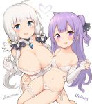  :d azur_lane bare_shoulders black_ribbon blue_eyes bow bow_bra bow_panties bra breasts character_name cleavage collarbone commentary_request elbow_gloves fingerless_gloves gloves hair_bun hair_ornament hair_ribbon heart illustrious_(azur_lane) large_breasts lifted_by_self looking_at_viewer multiple_girls navel one_side_up open_mouth panties popo_(java_sparrow_512) purple_eyes purple_hair ribbon side-tie_panties side_bun silver_hair simple_background small_breasts smile strap_lift underwear underwear_only unicorn_(azur_lane) white_background white_bra white_gloves white_panties 