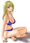  aqua_eyes bikini blonde_hair breasts indian_style long_hair looking_at_viewer medium_breasts muffin_(sirumeria) original sitting smile solo swimsuit teeth white_background 