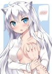  absurdres animal_ears blue_eyes blush breast_grab breasts cat_ears catstudioinc_(punepuni) fang grabbing guided_breast_grab highres large_breasts long_hair looking_at_viewer mashiro_(miku_plus) no_bra open_clothes open_mouth open_shirt original pov simple_background spoken_blush white_hair 