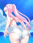  1girl adjusting_clothes adjusting_swimsuit alternate_hairstyle artist_request ass bare_shoulders blush breasts darling_in_the_franxx from_behind green_eyes hairband horns leaning leaning_forward leotard long_hair looking_back ocean one-piece_swimsuit open_mouth pink_hair shiny shiny_clothes shiny_hair shiny_skin sideboob solo swimsuit two-side_up very_long_hair zero_two_(darling_in_the_franxx) 