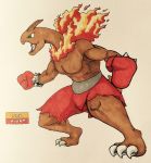  2017 3_toes alternate_color angry anthro anthrofied biceps biped boxing_gloves bracelet brown_horn brown_skin brown_tail claws clothed clothing dinosaur english_text fak&eacute;mon fighting_stance fire firefightdex fist flaming_mane foreshortening full-length_portrait gloves green_eyes hatching_(technique) hi_res horn humanoid_hands jewelry leaning leaning_forward long_neck male mane meganium mfanjul muscular muscular_male nintendo open_mouth pecs pen_(artwork) pink_tongue pok&eacute;mon pok&eacute;mon_(species) pok&eacute;morph portrait raised_heel red_bottomwear red_clothing sauropod scalie shadow shorts side_view simple_background solo spiked_bracelet spikes standing text toe_claws toes tongue toony topless traditional_media_(artwork) uniform video_games white_background white_claws 