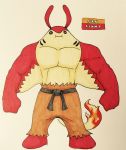  2017 alternate_color antennae anthro anthrofied belt biceps biped black_belt black_sclera brown_bottomwear brown_clothing clothed clothing collarbone countershade_face countershade_torso countershading english_text fak&eacute;mon featureless_feet fin fire firefightdex fish fist flaming_tail front_view full-length_portrait gills hi_res long_tail looking_at_viewer male mantine marine marker_(artwork) mfanjul mixed_media multicolored_skin muscular muscular_male nintendo pants patagium pecs pen_(artwork) pok&eacute;mon pok&eacute;mon_(species) pok&eacute;morph portrait power_stance red_skin shadow simple_background smile solo standing tan_countershading tan_skin text toony topless traditional_media_(artwork) two_tone_skin video_games white_background white_eyes wide_shoulders 