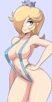  1girl :d bigdead93 blonde_hair blue_eyes blush breasts crown half-closed_eyes hand_on_hip highres hips mario_(series) navel revealing_clothes rosetta_(mario) sideboob sling_bikini smile solo super_mario_bros. super_mario_galaxy swimsuit wide_hips 