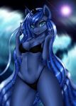  2018 5_fingers abstract_background anthro bra breasts cleavage clothed clothing cosmic_hair crown cute equine eyebrows eyelashes female friendship_is_magic fully_clothed hair horn long_hair looking_at_viewer makeup mammal mascara my_little_pony navel open_mouth open_smile panties pinktooth portrait pose princess_luna_(mlp) smile solo standing teal_eyes teeth thick_thighs three-quarter_portrait tongue underwear 