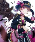  \m/ alternate_hairstyle bangs black_choker black_feathers black_nails black_wings blue_hair choker commentary_request cross-laced_clothes crossed_legs earrings facial_mark feathered_wings feathers fingerless_gloves frilled_sleeves frills gloves grin hat hat_feather highres jacket jewelry looking_at_viewer love_live! love_live!_sunshine!! mia_(fai1510) nail_polish purple_eyes ring side_ponytail single_glove sitting smile solo star studded suspenders thighlet tsushima_yoshiko v_over_eye wings 