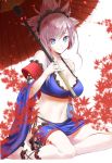  blue_eyes earrings fate/grand_order fate_(series) highres jewelry leaves_in_wind looking_at_viewer midriff mitsugu miyamoto_musashi_(fate/grand_order) navel parasol smile solo thigh_strap umbrella 