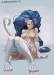  animal_ears big_hair blue_eyes blue_hair breasts cat_ears cat_girl cat_paws claws commission cutesexyrobutts felicia fur highres large_breasts light_smile long_hair looking_at_viewer navel parted_lips paws signature sitting solo thick_thighs thighs vampire_(game) very_long_hair 