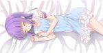  :o aikatsu! aikatsu!_(series) bangs bare_arms bed_sheet blush bow closed_eyes collarbone commentary_request eyebrows_visible_through_hair feet_out_of_frame fingernails frills highres hikami_sumire long_hair lying makiaato nightgown on_side parted_lips partial_commentary purple_hair sleeping sleeveless solo white_bow 