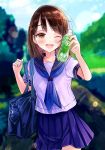  ;d akiyama_sunao bag blue_skirt blue_sky blurry blurry_background blush bottle brown_hair collarbone cowboy_shot day eyebrows_visible_through_hair highres holding holding_bag holding_bottle long_hair miniskirt one_eye_closed open_mouth original outdoors pleated_skirt school_bag school_uniform serafuku shirt short_sleeves skirt sky smile solo standing sweat white_shirt 