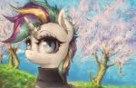  2017 absurd_res alternate_hairstyle blue_eyes bust_portrait clothed clothing cloud cute digital_media_(artwork) digital_painting_(artwork) ear_piercing equine eyebrows eyelashes female feral friendship_is_magic fur grass hair hi_res horn looking_at_viewer makeup mammal mascara multicolored_hair my_little_pony outside piercing plotcore portrait rarity_(mlp) short_hair sky smile solo sweater tree unicorn 
