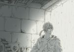 ceiling collarbone graphite_(medium) greyscale indoors jacket long_hair long_sleeves looking_away looking_back machi_(ch1ja) male_focus mechanical_pencil monochrome original outdoors pencil ponytail rain serious shirt solo traditional_media wall water wet 