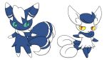  1boy 1girl animal_ears arms_up blue_hair blue_sclera full_body furry green_eyes looking_to_the_side meowstic multiple_tails no_humans open_arms outstretched_arms pokemon pokemon_(creature) pokemon_xy red_eyes seiya_mesu sexual_dimorphism simple_background standing tail two_tails white_background white_hair yellow_sclera 