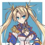  1girl bangs blonde_hair blue_background blue_eyes bradamante_(fate/grand_order) breasts cleavage closed_mouth fate/grand_order fate_(series) fringe_trim jacket kurokage long_hair looking_at_viewer medium_breasts parted_bangs popped_collar signature simple_background sketch smile solo twintails upper_body 