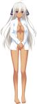  ahoge ass_visible_through_thighs barefoot chuuni_hime_no_teikoku dark_skin eyebrows_visible_through_hair full_body hair_ribbon hands_together highres lagunaseca long_hair long_sleeves naked_shirt navel no_bra no_pussy open_clothes open_shirt pointy_ears purple_eyes ribbon shirt silver_hair solo standing transparent_background unbuttoned v_arms white_shirt 