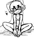  +_+ 1girl aori_(splatoon) bikini blush breasts cleavage collarbone domino_mask earrings eyebrows_visible_through_hair fangs female full_body greyscale head_tilt heart long_hair looking_at_viewer medium_breasts monochrome navel pointy_ears signature simple_background sitting sketch smile solo splatoon spread_legs swimsuit teeth tentacle tentacle_hair text tied_hair twintails usa_(dai9c_carnival) white_background 