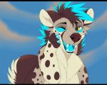  2018 black_bars blue_hair blue_tongue claws day digital_media_(artwork) feral hair hyena indycat mammal outside paws sky smile solo yellow_eyes 