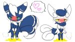  1boy 1girl animal_ears between_legs blue_hair blue_sclera blush crying drooling embarrassed full_body furry green_eyes half-closed_eyes hand_between_legs hands_together heart knees_together_feet_apart meowstic multiple_tails no_humans open_mouth peeing peeing_self pokemon pokemon_(creature) pokemon_xy puddle red_eyes seiya_mesu sexual_dimorphism simple_background smile speech_bubble spoken_heart standing steam sweat tail tears trembling two_tails v_arms wavy_mouth white_background white_hair yellow_sclera 