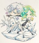  absurdres androgynous antarcticite chibi cleaver expressionless gem_uniform_(houseki_no_kuni) green_eyes green_hair high_heels highres holding holding_sword holding_weapon houseki_no_kuni ice ice_floe katana multiple_others phosphophyllite satou_pen short_hair silver_eyes silver_hair smile sparkle spoilers sword traditional_media weapon 