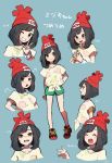  arms_behind_back beanie black_hair blush closed_eyes crying crying_with_eyes_open expressions from_side green_shorts grin hat highres miu_(miuuu_721) mizuki_(pokemon) one_eye_closed open_mouth pokemon pokemon_(game) pokemon_sm red_hat shirt short_hair short_sleeves shorts simple_background smile tears tied_shirt v z-ring 