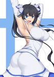  armpits arms_up ass black_hair blue_eyes bnc_(bunshi) breasts commentary_request dress dungeon_ni_deai_wo_motomeru_no_wa_machigatteiru_darou_ka elbow_gloves gloves hair_ribbon hestia_(danmachi) highres large_breasts looking_at_viewer open_mouth pose rei_no_himo ribbon smile solo standing twintails white_dress white_gloves 
