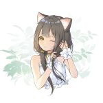  ;) aeng_dyu animal_ears bangs bare_shoulders bell bell_choker blush bra brown_hair cat_ears choker eyebrows_visible_through_hair frilled_bra frills hair_tie hairdressing head_tilt highres jingle_bell leaf leaf_background long_hair looking_at_viewer low_twintails one_eye_closed original signature slit_pupils smile solo tareme twintails underwear upper_body white_bra wrist_cuffs yellow_eyes 