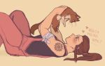  bare_arms blush brigitte_(overwatch) brown_hair camisole cat english freckles from_side grey_eyes heart highres holding holding_cat long_hair looking_at_another lying murasaki-yuri on_back overalls overwatch ponytail shoulder_tattoo simple_background tattoo whiskers_(overwatch) 