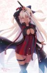  bow breasts brown_eyes cherry_blossoms cleavage cleavage_cutout commentary_request dark_skin fate/grand_order fate_(series) hair_bow holding holding_sword holding_weapon katana large_breasts long_hair looking_at_viewer nichiru okita_souji_(alter)_(fate) okita_souji_(fate)_(all) petals pink_hair smile solo sword thigh_strap very_long_hair weapon 