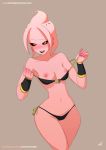  1girl belly blush bra breasts brown_eyes dragon_ball dragon_ball_xenoverse eyebrows female majin_(race) nipples open_mouth panties pink_skin sillygirl simple_background sinner solo stomach teeth tongue underwear 