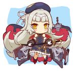  azur_lane bangs bare_shoulders beret black_legwear blue_background blue_cape blue_dress blue_hat blunt_bangs blush cannon cape chibi closed_mouth commentary detached_sleeves dress eyebrows_visible_through_hair frilled_dress frills full_body gloves grey_hair hat holding holding_sheath hydrock iron_cross long_hair long_sleeves looking_at_viewer mole mole_under_eye puffy_long_sleeves puffy_sleeves red_footwear ribbon saber_(weapon) sheath sheathed sidelocks sleeveless sleeveless_dress socks solo standing sword turret two-tone_background very_long_hair weapon white_background white_gloves white_ribbon yellow_eyes z46_(azur_lane) 