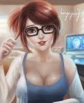  absurdres artist_name black-framed_eyewear blue_nails blue_shirt blurry blurry_background breasts brown_eyes brown_hair cleavage collarbone computer freckles glasses hair_bun hair_ornament hair_stick hair_tousle hand_in_hair highres hongagany indoors jacket lips long_sleeves looking_at_viewer medium_breasts mei_(overwatch) monitor nail_polish nose overwatch parted_lips red_lips shirt short_hair signature smile solo tank_top upper_body white_jacket 