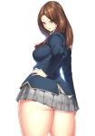  ass breasts brown_eyes brown_hair hakai_shin hand_on_hip highres huge_ass large_breasts long_hair looking_at_viewer looking_back plaid plaid_skirt pleated_skirt raised_eyebrows school_uniform simple_background skirt smile solo thick_thighs thighs white_background wide_hips 