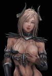  absurdres areolae armor bikini_armor black_background blonde_hair blue_eyes bracer breasts character_request highres horns lactation licking_lips lips looking_at_viewer mabinogi mabinogi_heroes medium_breasts naughty_face navel nipples realistic revealing_clothes shoowarke short_hair simple_background solo teeth tiara tongue tongue_out torn_clothes upper_body 