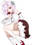  absurdres ahoge azur_lane bare_shoulders blush bolt breasts chocolate chocolate_heart detached_sleeves eyebrows_visible_through_hair heart highres himono_hinata large_breasts looking_at_viewer lying mary_janes on_side pink_hair red_eyes shirt shoes short_hair simple_background skirt sleeves_past_wrists smile solo stitches terror_(azur_lane) thighs valentine white_background white_shirt 