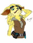  2017 belt breasts canine clothing crossgender eyewear fangs female fennec fox goggles hair long_hair looking_at_viewer mammal mingo paladins pip_(paladins) shirt signature simple_background solo test_tube white_background 