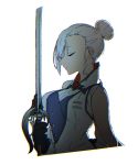  closed_eyes commentary_request esu_(transc) hair_bun rwby saber_(weapon) solo stance sword weapon white_hair winter_schnee 