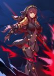  absurdres aira5 bodysuit commentary covered_navel fate/grand_order fate_(series) gae_bolg highres holding holding_spear holding_weapon jewelry long_hair looking_at_viewer polearm purple_hair red_eyes scathach_(fate)_(all) scathach_(fate/grand_order) solo spear veil weapon 
