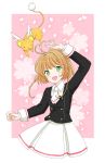  :d arm_up brown_hair cardcaptor_sakura green_eyes haruyama_(255115) kero kinomoto_sakura neckerchief open_mouth petals school_uniform skirt smile tomoeda_middle_school_uniform wings 