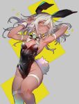  animal_ears armpits bunny_ears bunny_girl bunny_tail bunnysuit cape clover dark_skin detached_collar embarrassed fake_animal_ears guilty_gear guilty_gear_xrd leotard looking_at_viewer orange_eyes oro_(sumakaita) ramlethal_valentine simple_background solo tail white_hair wrist_cuffs 