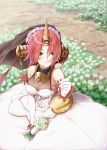  bare_shoulders blue_eyes breasts bridal_gauntlets brown_eyes dress elbow_gloves fate/apocrypha fate/grand_order fate_(series) flower frankenstein's_monster_(fate) gloves gurifu headgear heterochromia highres holding holding_flower horn red_hair short_hair small_breasts solo veil white_dress white_gloves 