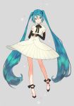  absurdly_long_hair alternate_costume ankle_ribbon aqua_eyes aqua_hair aqua_nails bangs bare_legs black_footwear black_neckwear black_ribbon blue_eyes blush closed_mouth detached_sleeves dress eyebrows_visible_through_hair flats full_body grey_background hair_between_eyes hatsune_miku long_hair looking_at_viewer maeya_susumu nail_polish neck_ribbon ribbon short_sleeves simple_background smile solo twintails very_long_hair vocaloid white_dress 