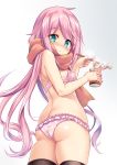  ass black_legwear blush bra breasts chopsticks closed_mouth cup_ramen eyebrows_visible_through_hair food green_eyes highres holding holding_chopsticks instant_ramen kagamihara_nadeshiko left-handed long_hair md5_mismatch noodles orange_scarf panties pink_bra pink_hair pink_panties scarf shimokirin small_breasts smile solo thighhighs underwear yurucamp 