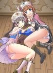 2girls ass atelier_(series) atelier_rorona atelier_totori bag bare_shoulders blue_eyes blush boots bracelet breasts brown_eyes brown_hair cameltoe cape detached_sleeves dress hat headdress hug jewelry long_hair looking_at_viewer mirano multiple_girls necklace open_mouth orange_hair panties rororina_fryxell scared shiny shiny_hair shiny_skin skirt sweat tears totooria_helmold underwear upskirt 