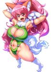  1girl animal_ears armpits bare_legs bare_shoulders blush breasts cat_ears cleavage cleavage_cutout curvy fangs female grin happy heart_cutout highleg_leotard highres huge_breasts leotard long_hair looking_at_viewer navel partially_visible_vulva paw_print perisie_(star_ocean) pink_hair ponytail red_eyes ryoi shiny shiny_clothes shiny_hair shiny_skin smile solo star_ocean star_ocean_first_departure tail thick_thighs thighhighs thighs thong_leotard very_long_hair white_background wide_hips 