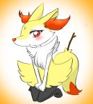  1girl animal_ears blush braixen feet female fox_ears fox_tail full_body furry gradient gradient_background hands_together kneeling knees_together_feet_apart looking_at_viewer no_humans paws pokemon pokemon_(creature) pokemon_xy red_eyes seiya_mesu simple_background solo stick tail v_arms yellow_background 