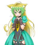  ahoge animal_ears atalanta_(fate) bangs blonde_hair blush cat_ears cat_tail cleavage_cutout cowboy_shot embarrassed fate/apocrypha fate/grand_order fate_(series) flying_sweatdrops garter_straps gradient_hair green_eyes green_hair long_hair looking_at_viewer multicolored_hair open_mouth pleated_skirt puffy_short_sleeves puffy_sleeves short_sleeves simple_background skirt solo tail thighhighs two-tone_dress very_long_hair white_background yuzu_kiro 
