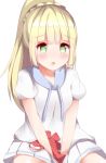  akiori_koromo blonde_hair blush borrowed_garments green_eyes hat hat_removed headwear_removed holding holding_hat lillie_(pokemon) long_hair open_mouth pokemon pokemon_(game) pokemon_sm ponytail shirt short_sleeves simple_background skirt solo white_background white_shirt white_skirt 