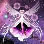  absurdly_long_hair absurdres bad_id bad_pixiv_id bow_(weapon) commentary_request dress full_body gloves highres kaname_madoka long_hair mahou_shoujo_madoka_magica misteor pink_hair pink_legwear planet solo space star starry_background ultimate_madoka very_long_hair weapon white_dress white_gloves wings yellow_eyes 