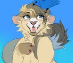  2018 black_lips blue_background digital_media_(artwork) feline female feral indycat mammal open_mouth paws saber-toothed_cat simple_background smile solo teeth tongue 