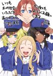  4girls :d adjusting_clothes adjusting_hat andou_(girls_und_panzer) arm_grab azumi_(girls_und_panzer) bc_freedom_(emblem) bc_freedom_military_uniform black_hair blonde_hair blue_eyes blue_hat blue_jacket blue_vest brown_eyes brown_hair closed_mouth commentary_request dark_skin dress_shirt drill_hair emblem eyebrows_visible_through_hair frown girls_und_panzer hands_together hat high_collar interlocked_fingers jacket long_hair long_sleeves looking_at_viewer marie_(girls_und_panzer) medium_hair military military_hat military_uniform multiple_girls open_mouth oshida_(girls_und_panzer) pleated_skirt pose school_connection shako_cap shirt shutou_mq side-by-side skirt smile standing translation_request uniform vest white_background white_shirt white_skirt 